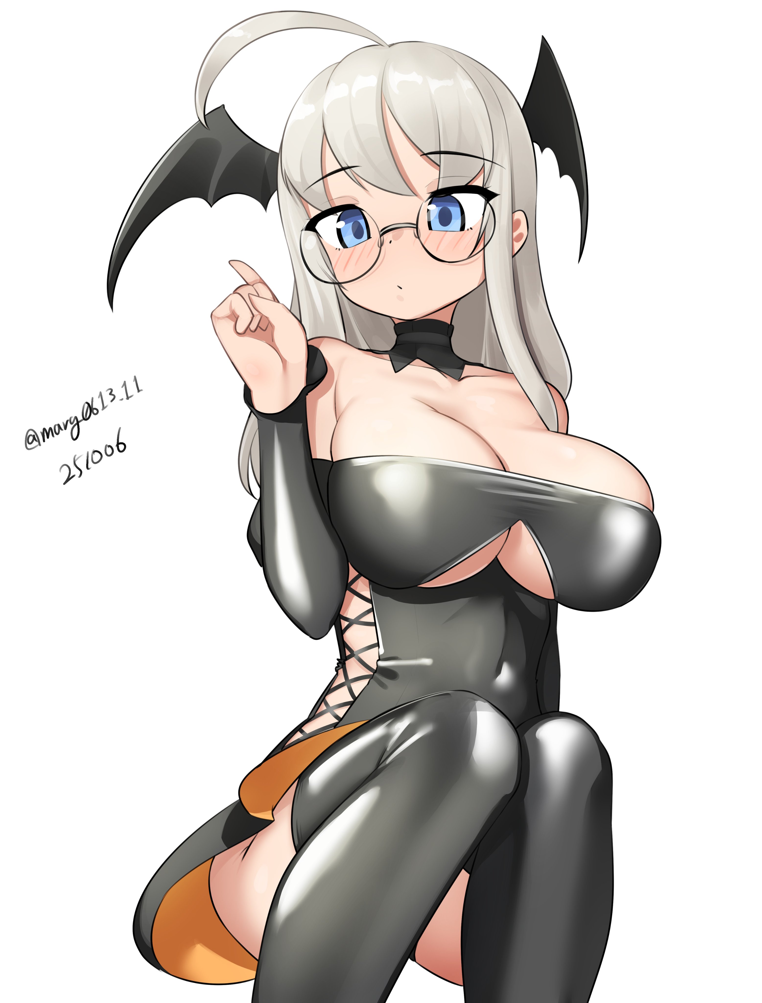 maru (marg0613), heywood l. edwards (kancolle), johnston (halloween) (kancolle), johnston (kancolle), kantai collection, absurdres, highres, 1girl, ahoge, bat wings, black dress, black thighhighs, blue eyes, breasts, cleavage, clothing cutout, cosplay, cross-laced clothes, cross-laced cutout, dated, demon wings, detached collar, dress, fake wings, glasses, grey hair, halloween costume, head wings, invisible chair, johnston (kancolle) (cosplay), large breasts, latex, latex dress, long hair, one-hour drawing challenge, simple background, sitting, solo, thighhighs, twitter username, vampire costume, white background, wings