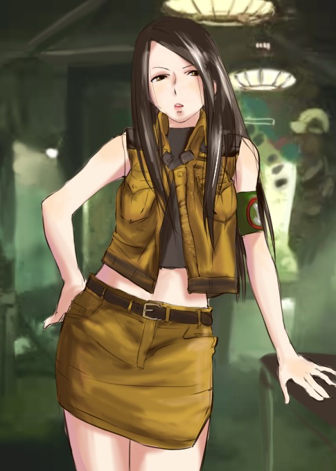 rnaru0, lin (advance wars), advance wars, advance wars: days of ruin, advance wars days of ruin, nintendo, 1girl, :o, arm support, armband, bare shoulders, belt, black hair, brown eyes, crop top, female focus, flat chest, hand on own hip, hands on own hips, long hair, midriff, military, military uniform, miniskirt, open mouth, pencil skirt, skirt, solo, standing, table, turtleneck, vest