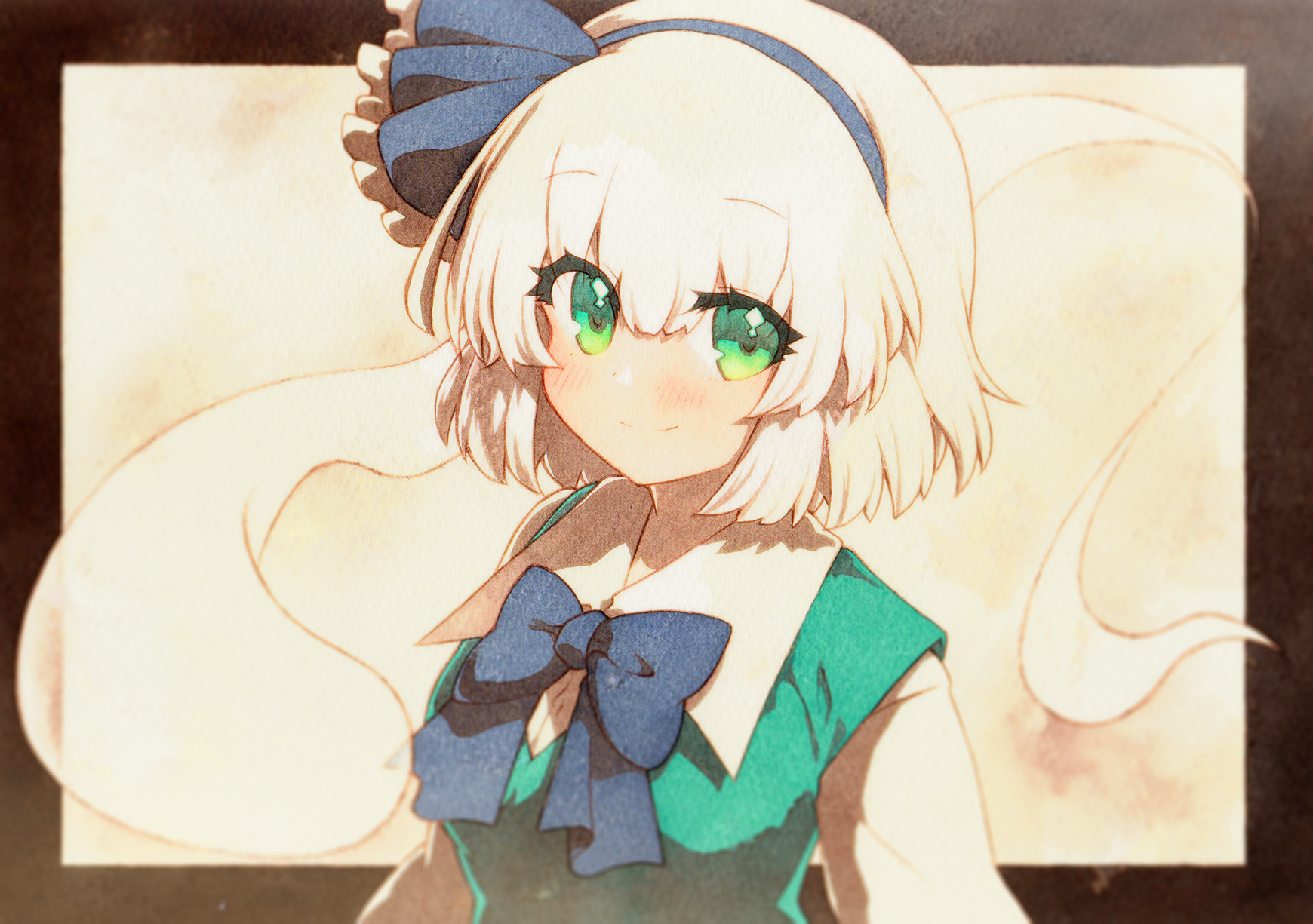 rinka (qqqrinkappp), konpaku youmu, konpaku youmu (ghost), touhou, highres, 1girl, black bow, black bowtie, blush, bow, bowtie, closed mouth, green eyes, green vest, hair between eyes, hairband, long sleeves, looking at viewer, medium hair, shirt, smile, solo, upper body, vest, white hair, white shirt
