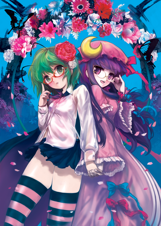 itou life, patchouli knowledge, wriggle nightbug, touhou, striped legwear, bad id, bad pixiv id, 2girls, adjusting eyewear, antennae, bespectacled, blush, bug, butterfly, cape, crescent, crescent hat ornament, dress, female focus, flower, glasses, green eyes, green hair, hat, hat ornament, holding hands, insect, long hair, miniskirt, multiple girls, petals, pinky out, purple eyes, purple hair, short hair, skirt, striped clothes, striped thighhighs, thighhighs, zettai ryouiki