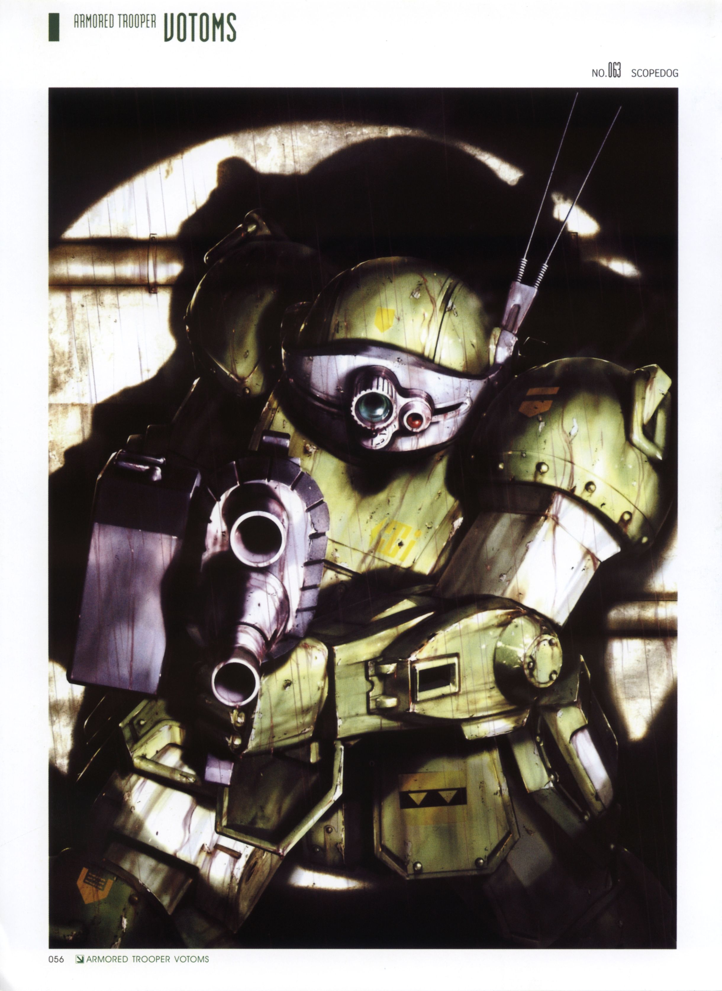 morishita naochika, scopedog, soukou kihei votoms, absurdres, highres, scan, damaged, gun, machine gun, mecha, mecha focus, no humans, robot, solo, weapon