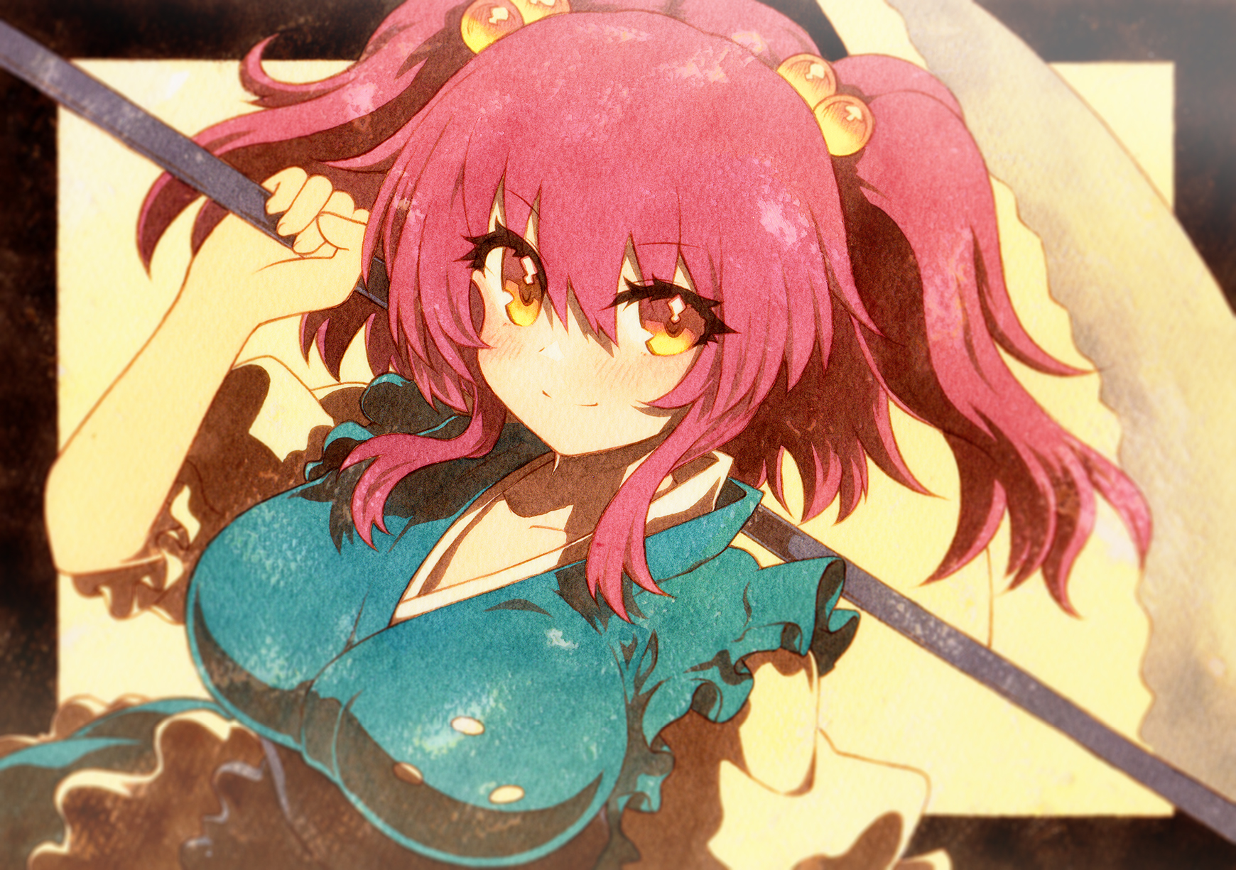 rinka (qqqrinkappp), onozuka komachi, touhou, highres, 1girl, blue vest, blush, breasts, closed mouth, collarbone, hair between eyes, holding, holding scythe, large breasts, looking at viewer, medium hair, orange eyes, red hair, scythe, shirt, short sleeves, smile, solo, two side up, upper body, vest, white shirt