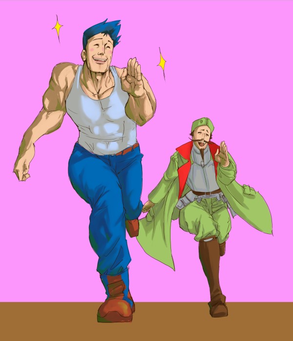 rnaru0, javier (advance wars), max (advance wars), advance wars, nintendo, 2boys, :d, ^ ^, belt, blue hair, blush, boots, brown hair, closed eyes, coat, facial hair, garrison cap, goatee, happy, hat, knee boots, male focus, military, military uniform, multiple boys, muscular, mustache, open clothes, open mouth, running, short hair, smile, sparkle, spiked hair, tank top, trench coat
