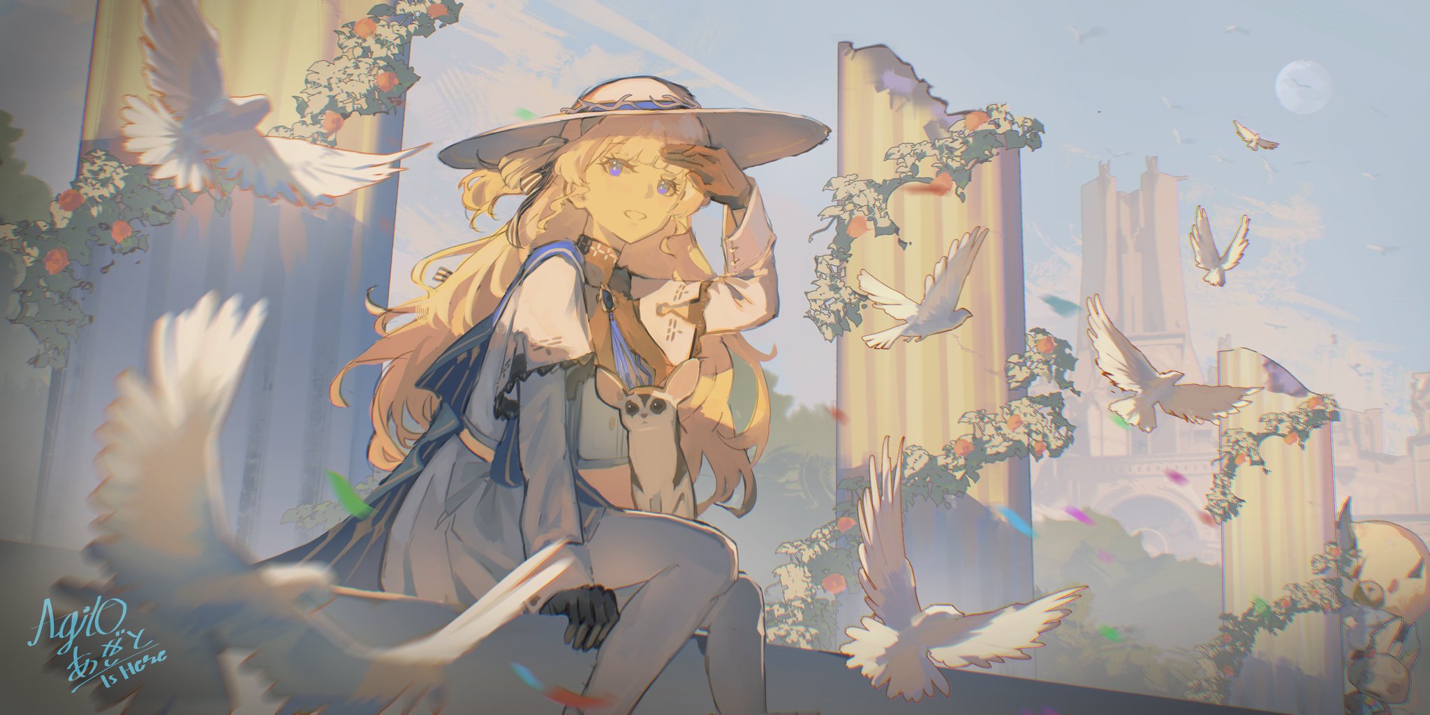agito (agitoishere), phoebe (wuthering waves), wuthering waves, commentary request, highres, 1girl, bird, black gloves, blonde hair, blue eyes, blue sash, gloves, hand up, hat, long hair, long sleeves, pantyhose, sash, shirt, signature, sitting, skirt, solo, white bird, white hat, white pantyhose, white shirt, white skirt