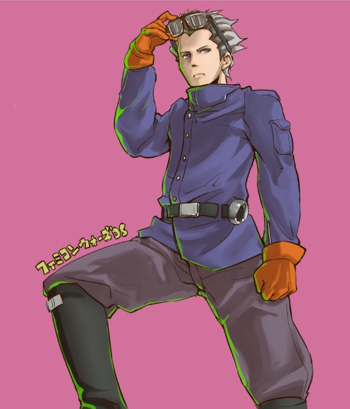 rnaru0, eagle (advance wars), advance wars, nintendo, silver hair, 1boy, adjusting goggles, belt, bird, boots, clenched hand, eagle, gloves, goggles, goggles on head, grey eyes, knee boots, leg up, male focus, military, military uniform, short hair, simple background, solo, spiked hair, turtleneck