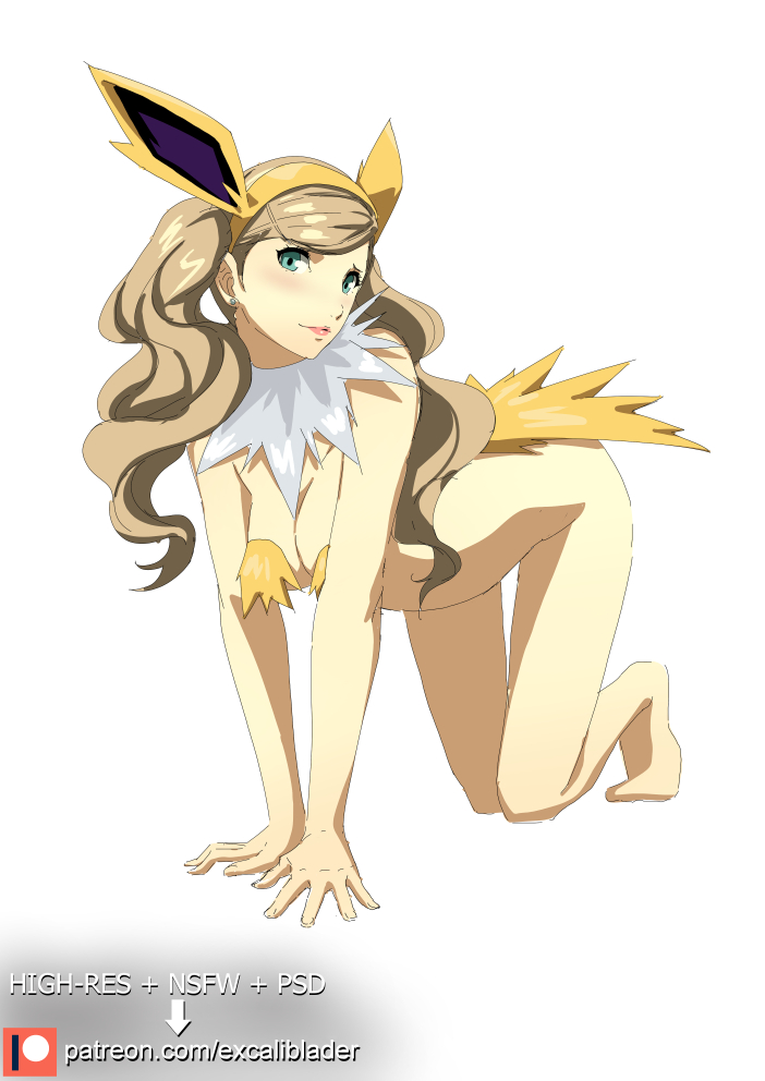 excaliblader, jolteon, takamaki anne, nintendo, persona, persona 5, pokemon, 1girl, all fours, animal ear hairband, animal ears, blonde hair, blue eyes, breasts, cleavage, closed mouth, cosplay, earrings, fake animal ears, fake tail, full body, fur collar, gen 1 pokemon, hairband, jewelry, jolteon (cosplay), long hair, medium breasts, patreon username, pink lips, simple background, solo, stud earrings, tail, very long hair, wavy hair, white background, yellow hairband