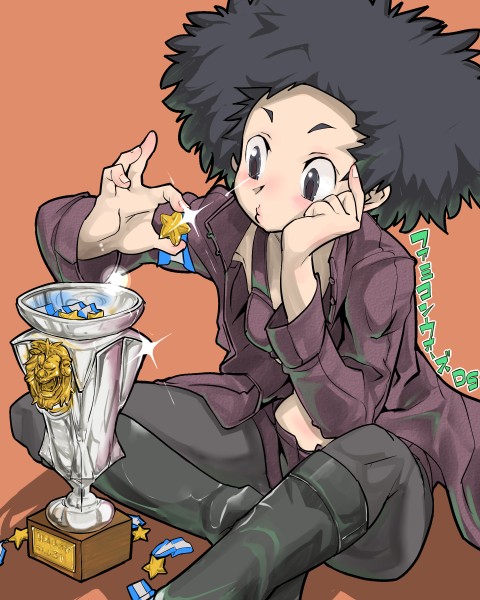 hirata ryou, rnaru0, lash (advance wars), advance wars, advance wars: dual strike, intelligent systems, nintendo, 1girl, :3, afro, armpits, black eyes, black hair, blush, boots, crop top, female focus, head rest, jacket, knee boots, lion, medal, midriff, open clothes, open jacket, pants, shadow, short hair, sitting, solo, sparkle, star (symbol), tank top, trophy