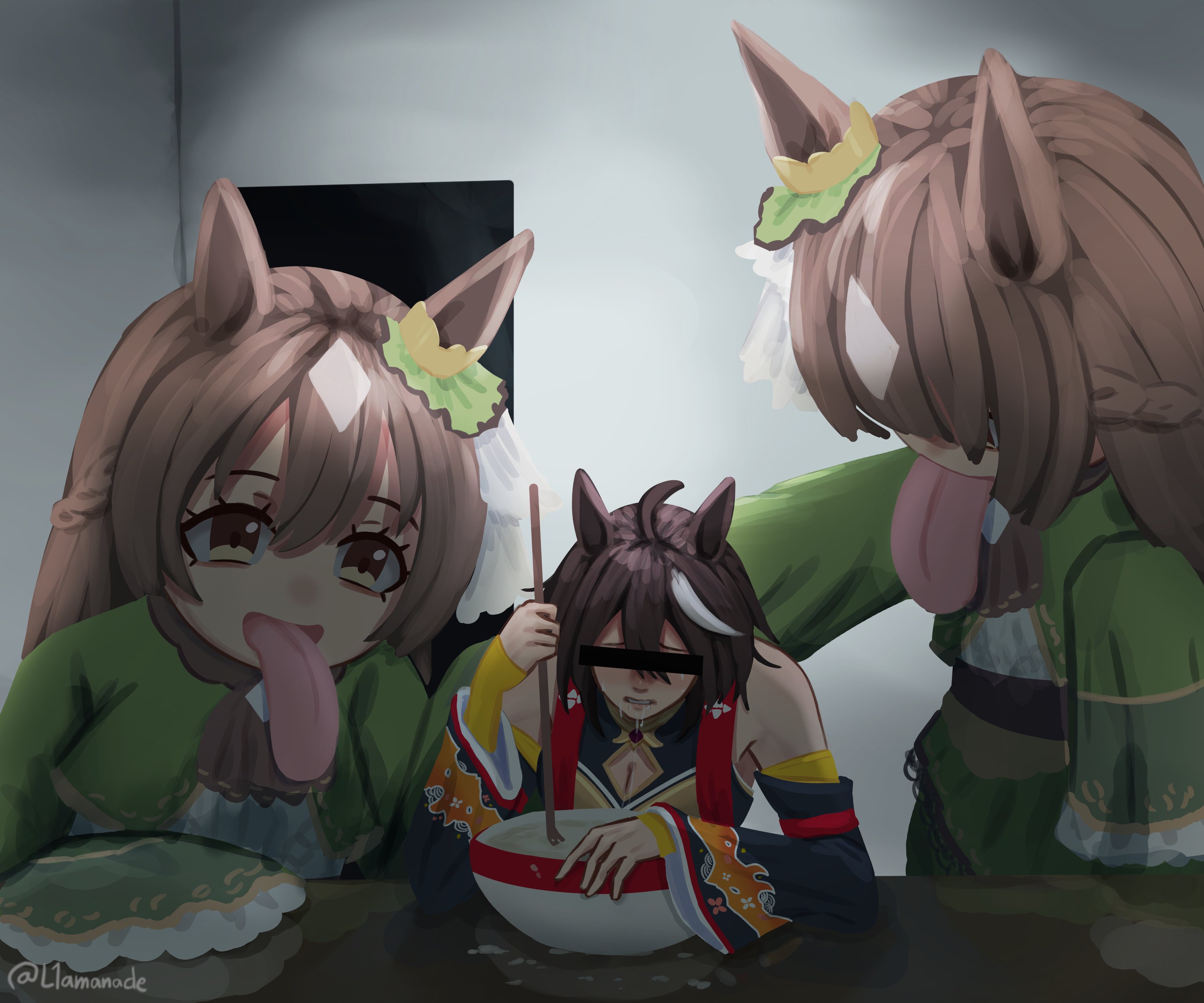 l1amanade, kitasan black (umamusume), satono diamond (umamusume), blank room soup, umamusume, absurdres, commentary, highres, 1girl, 2others, animal ears, bar censor, black hair, bowl, breasts, censored, censored identity, chanchanko (clothes), cleavage, cleavage cutout, clothing cutout, cosplay, detached sleeves, ear ornament, freaky satono diamond (meme), holding, holding spoon, horse ears, horse girl, indoors, kigurumi, long sleeves, meme, multiple others, spoon, tongue, tongue out, white hair, yellow eyes
