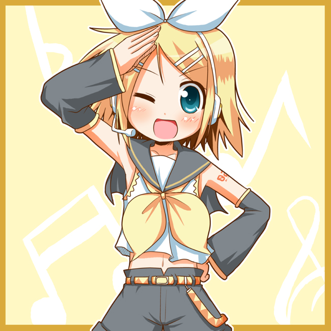 minami (colorful palette), kagamine rin, vocaloid, blonde hair, blue eyes, detached sleeves, hair ribbon, microphone, midriff, one eye closed, ribbon, shorts, solo, wink