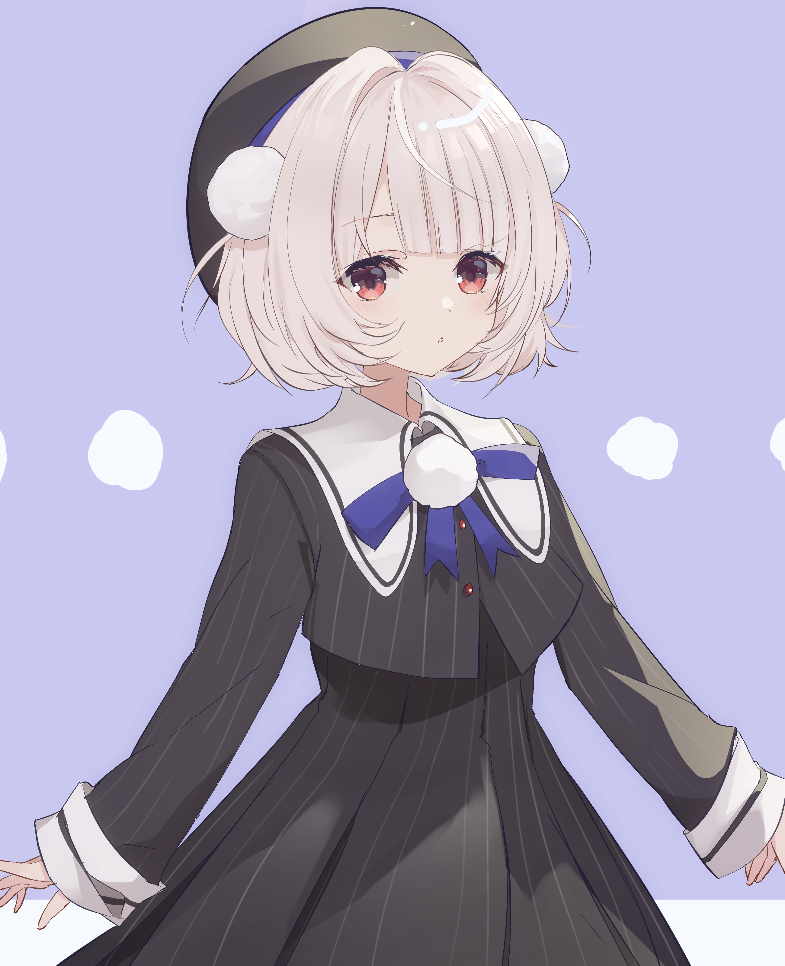 sake-meron, ui (voisona), voisona, absurdres, commentary, highres, 1girl, arms at sides, beret, black hat, black jacket, black skirt, blue bow, blue bowtie, blunt bangs, bow, bowtie, brooch, buttons, cowboy shot, grey hair, hair ornament, hat, high-waist skirt, jacket, jewelry, long sleeves, looking at viewer, parted lips, pinstripe jacket, pinstripe pattern, pinstripe skirt, pleated skirt, pom pom (clothes), pom pom brooch, pom pom hair ornament, purple background, red eyes, sailor collar, short hair, side part, skirt, sleeve cuffs, solo, surprised, two side up, white sailor collar, wispy bangs