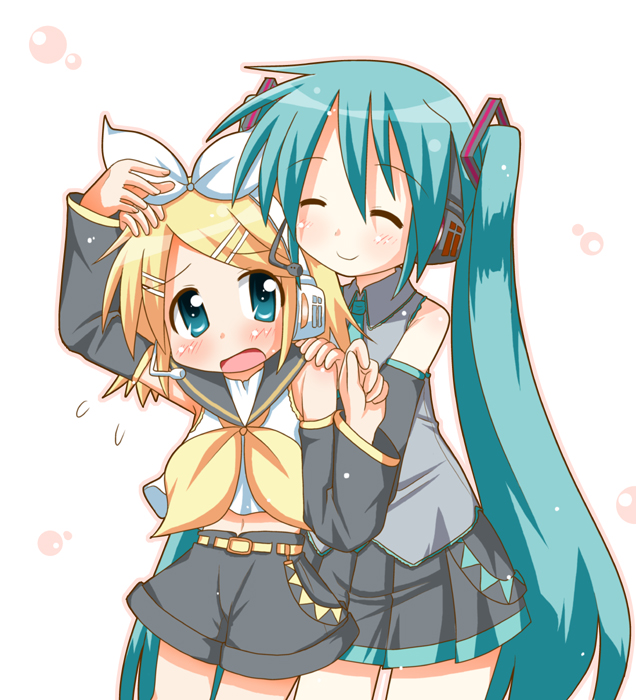 minami (colorful palette), hatsune miku, kagamine rin, vocaloid, aqua hair, blonde hair, blue eyes, detached sleeves, hair ribbon, long hair, microphone, midriff, ribbon, shorts, skirt, twintails