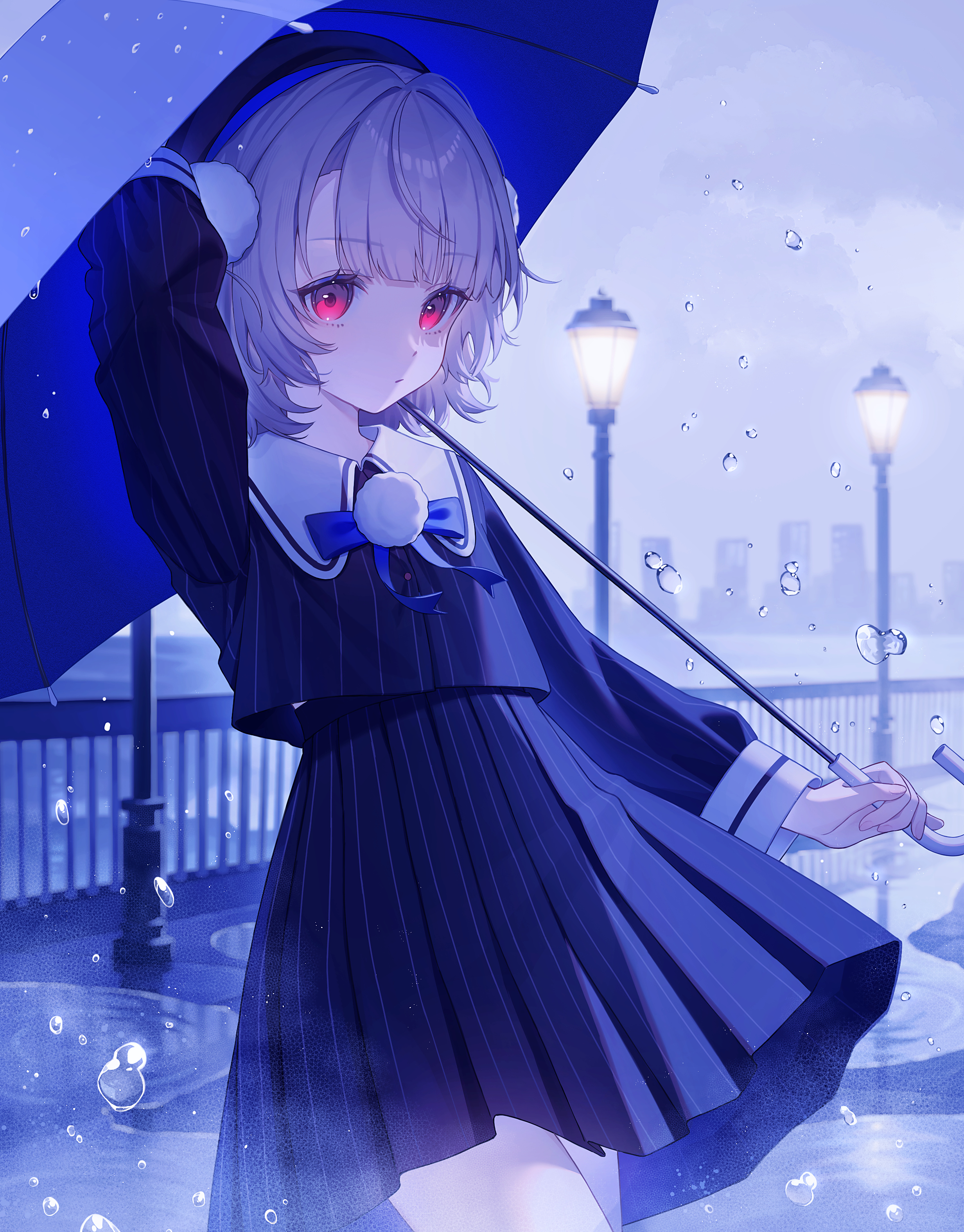 051 ogoli, ui (voisona), voisona, absurdres, commentary, highres, 1girl, arm up, beret, black hat, black jacket, black skirt, blue bow, blue bowtie, blue umbrella, blunt bangs, blush, bow, bowtie, brooch, buttons, cowboy shot, embarrassed, expressionless, glowing, glowing eyes, grey hair, hair ornament, hat, high-waist skirt, holding, holding umbrella, jacket, jewelry, long sleeves, miniskirt, outdoors, pinstripe jacket, pinstripe pattern, pinstripe skirt, pleated skirt, pom pom (clothes), pom pom brooch, pom pom hair ornament, puddle, rain, red eyes, sailor collar, short hair, side part, skirt, sleeve cuffs, solo, umbrella, water drop, white sailor collar, wispy bangs