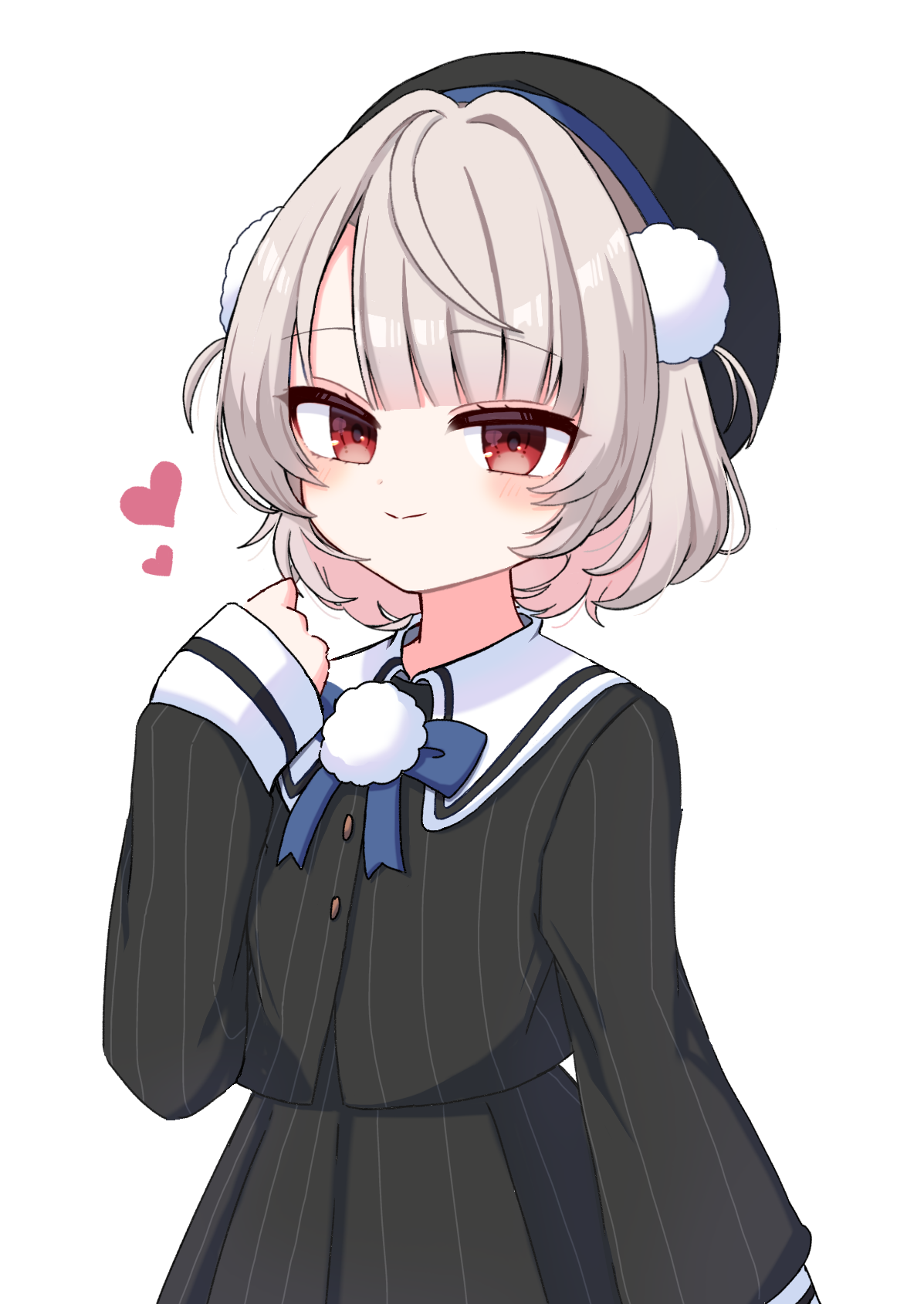 motimotiomoti723, ui (voisona), voisona, commentary, highres, 1girl, beret, black hat, black jacket, black skirt, blue bow, blue bowtie, blunt bangs, blush, bow, bowtie, brooch, buttons, clenched hand, closed mouth, cowboy shot, grey hair, hair ornament, hand up, hat, heart, high-waist skirt, jacket, jewelry, long sleeves, pinstripe jacket, pinstripe pattern, pinstripe skirt, pleated skirt, pom pom (clothes), pom pom brooch, pom pom hair ornament, red eyes, sailor collar, short hair, side part, simple background, skirt, sleeve cuffs, smile, solo, two side up, white background, white sailor collar, wispy bangs