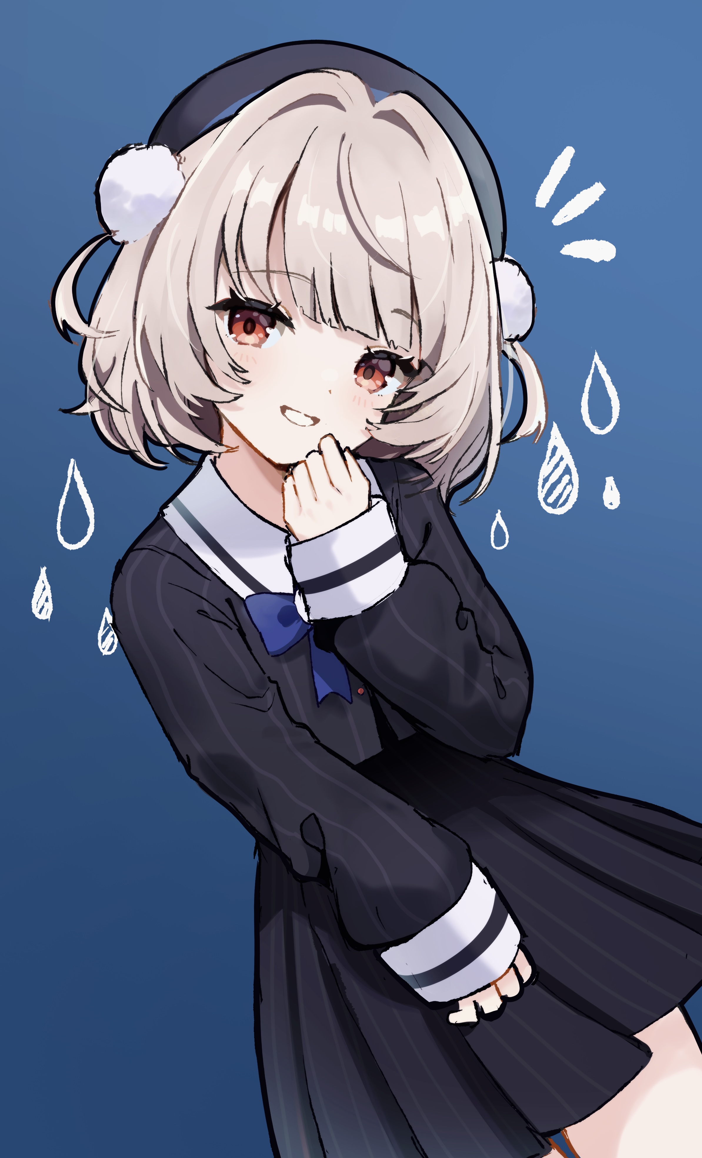 nekomiya mint, ui (voisona), voisona, absurdres, highres, 1girl, black jacket, black skirt, blue background, blue bow, blue bowtie, blunt bangs, blush, bow, bowtie, buttons, cowboy shot, dutch angle, grey hair, grin, hair ornament, jacket, long sleeves, miniskirt, notice lines, pinstripe jacket, pinstripe pattern, pinstripe skirt, pleated skirt, pom pom (clothes), pom pom hair ornament, red eyes, sailor collar, short hair, simple background, skirt, sleeve cuffs, smile, solo, two side up, water drop, white sailor collar, wispy bangs