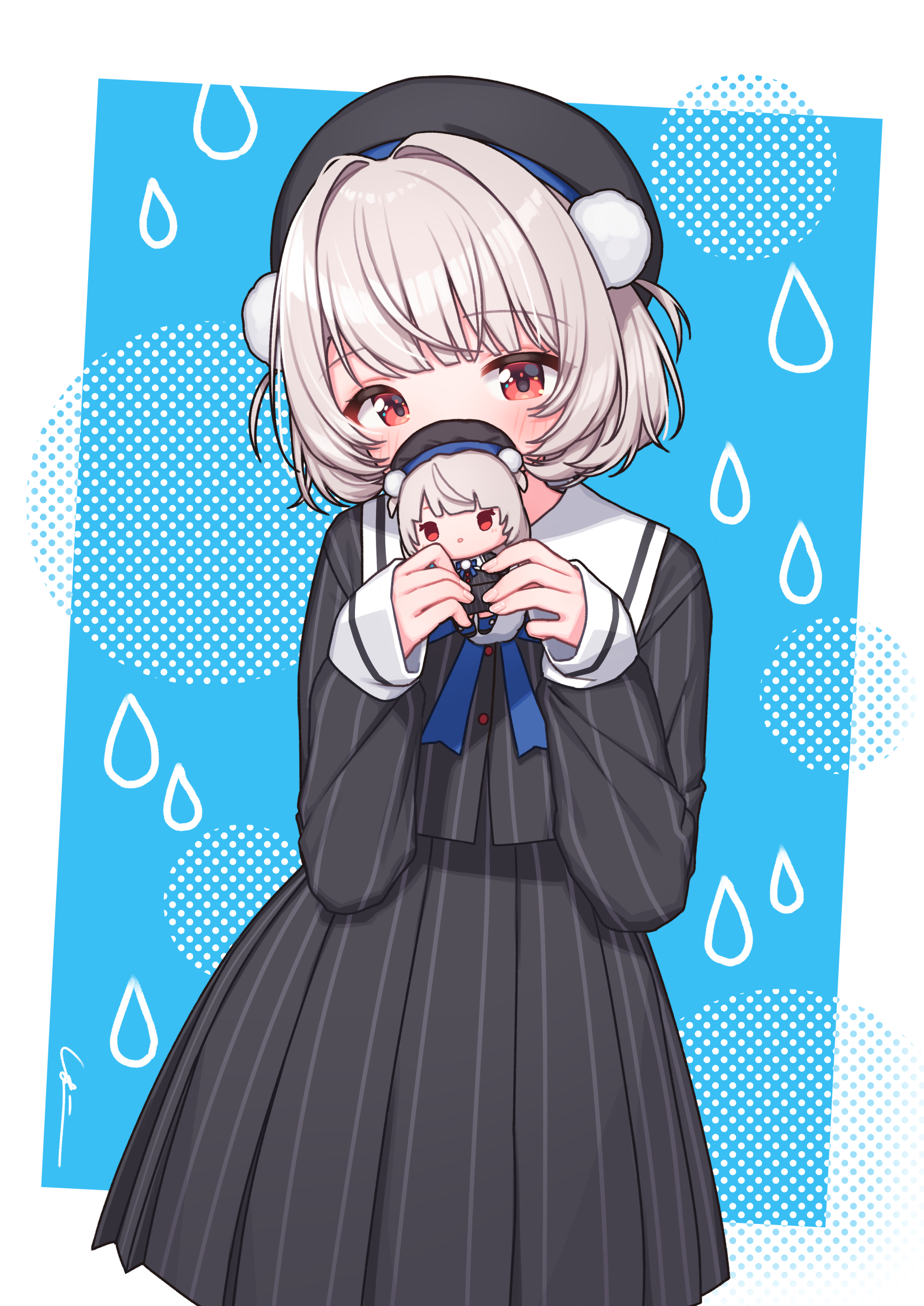 simana, ui (voisona), voisona, absurdres, highres, 1girl, beret, black hat, black jacket, black skirt, blue background, blue bow, blue bowtie, blush, bow, bowtie, brooch, buttons, character doll, covered mouth, doll, embarrassed, fingernails, hair ornament, hands up, hat, jacket, jewelry, long sleeves, miniskirt, pinstripe jacket, pinstripe pattern, pinstripe skirt, pleated skirt, pom pom (clothes), pom pom brooch, pom pom hair ornament, red eyes, sailor collar, short hair, skirt, sleeve cuffs, solo, two side up, white sailor collar, wispy bangs