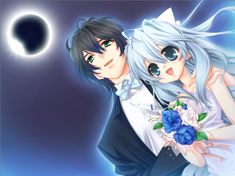toujou sakana, ashe (under the moon), seizh, under the moon, game cg, 1boy, 1girl, black hair, blue eyes, blue hair, couple, dress, dutch angle, eclipse, flower, green eyes, happy, hetero, long hair, moon, night, tuxedo, wedding, wedding dress, white hair