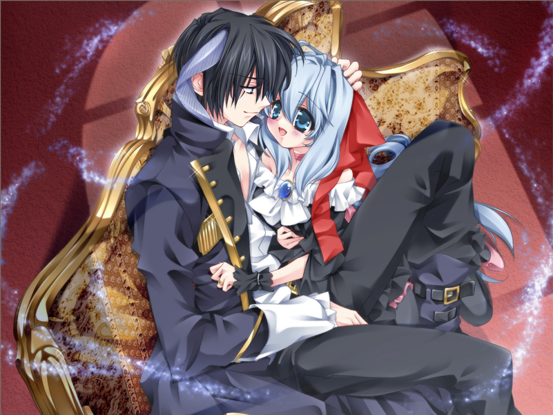 toujou sakana, ashe (under the moon), leni (under the moon), under the moon, game cg, 1boy, 1girl, bare shoulders, black hair, blue eyes, blue hair, choker, couple, dress, hetero, long hair, ribbon, short hair, white hair