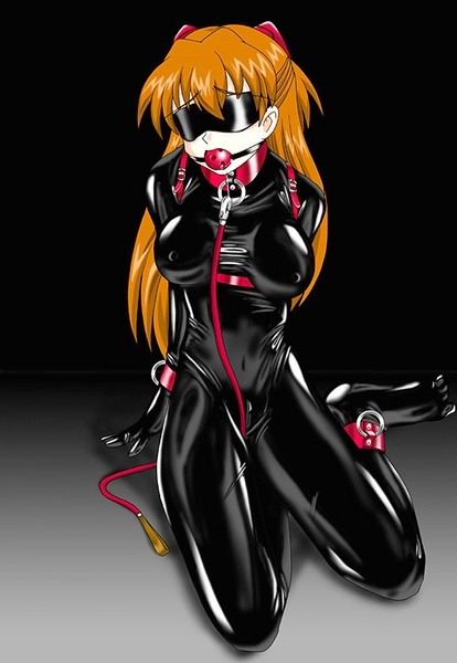 kokuyousha, souryuu asuka langley, neon genesis evangelion, 1girl, ball gag, bdsm, blindfold, bodysuit, bondage, bound, collar, covered erect nipples, female focus, gag, gagged, latex, latex suit, leash, long hair, orange hair, pet play, red hair, shiny clothes, skin tight, slave, solo, zipper