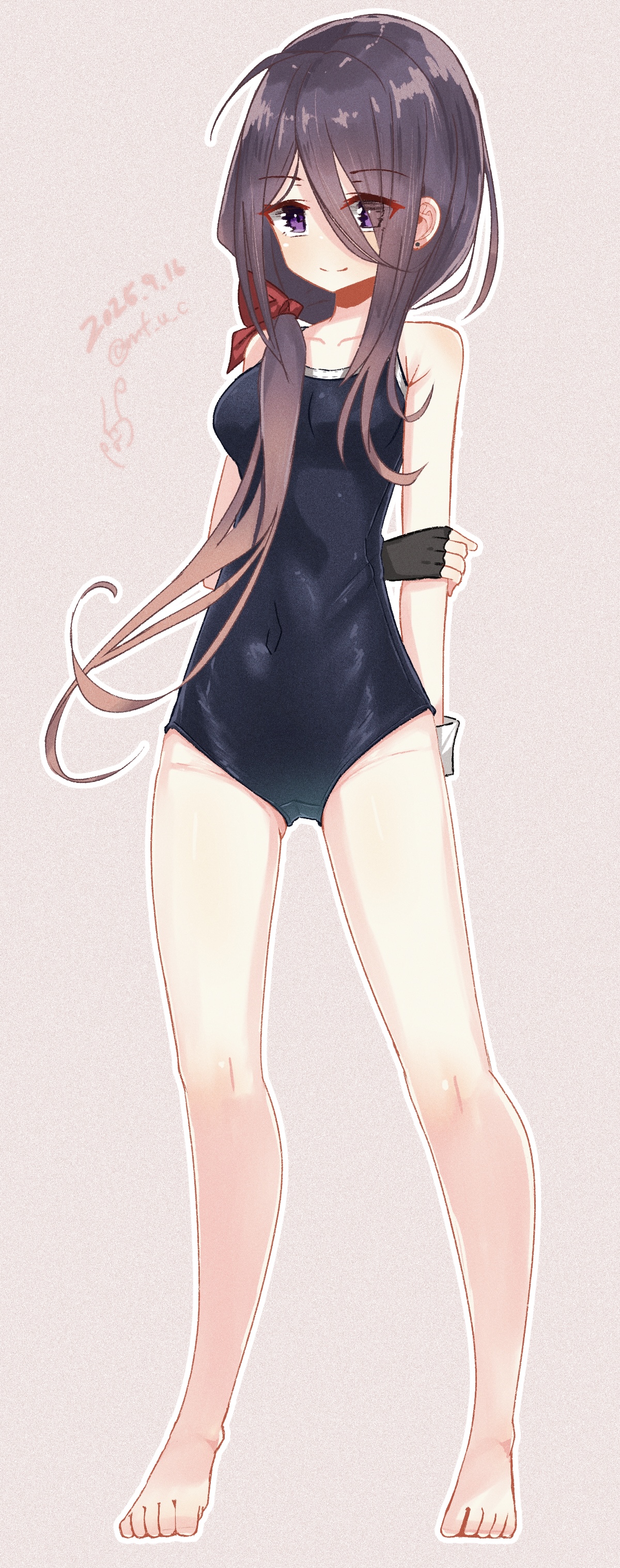 mf u c, ariake (kancolle), kantai collection, absurdres, commentary request, highres, 1girl, arm behind back, barefoot, black gloves, black hair, breasts, competition school swimsuit, dated, eyes visible through hair, full body, gloves, gluteal fold, gradient hair, hair between eyes, hair over one eye, medium breasts, multicolored hair, pink background, purple eyes, purple hair, school swimsuit, solo, swimsuit, twitter username
