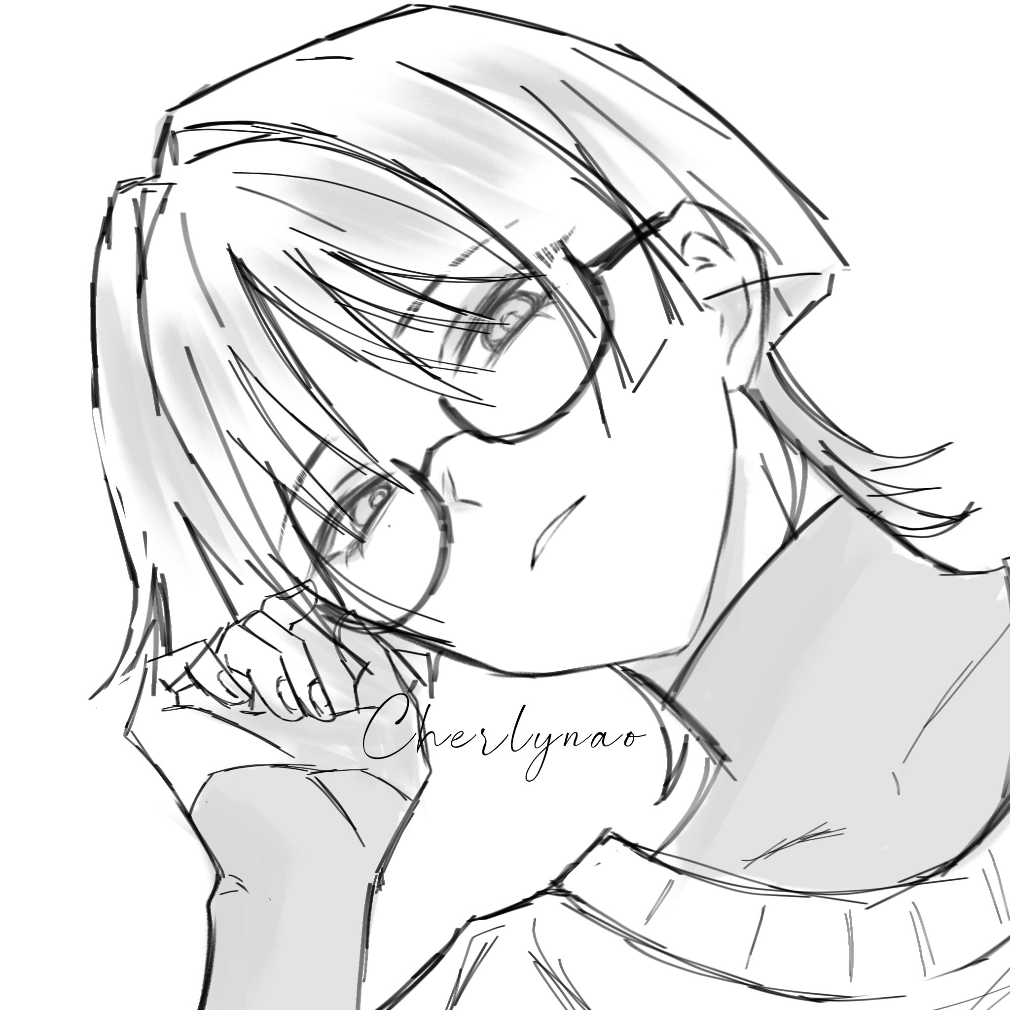 cherlynaoo, scaramouche (genshin impact), genshin impact, highres, 1boy, adjusting eyewear, alternate costume, bespectacled, blunt ends, casual, contemporary, curled fingers, eyelashes, fingernails, glasses, greyscale, hand up, head tilt, looking at viewer, male focus, monochrome, portrait, ribbed collar, semi-rimless eyewear, shirt, solo, tsurime, turtleneck, turtleneck shirt, undershirt, wispy bangs