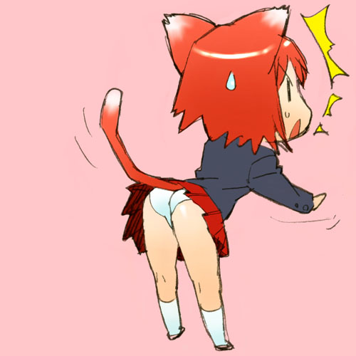 jinroku, lowres, 1girl, ^^^, animal ears, ass, cat ears, cat tail, female focus, kneepits, leaning forward, panties, red hair, school uniform, sketch, solo, surprised, sweatdrop, tail, underwear