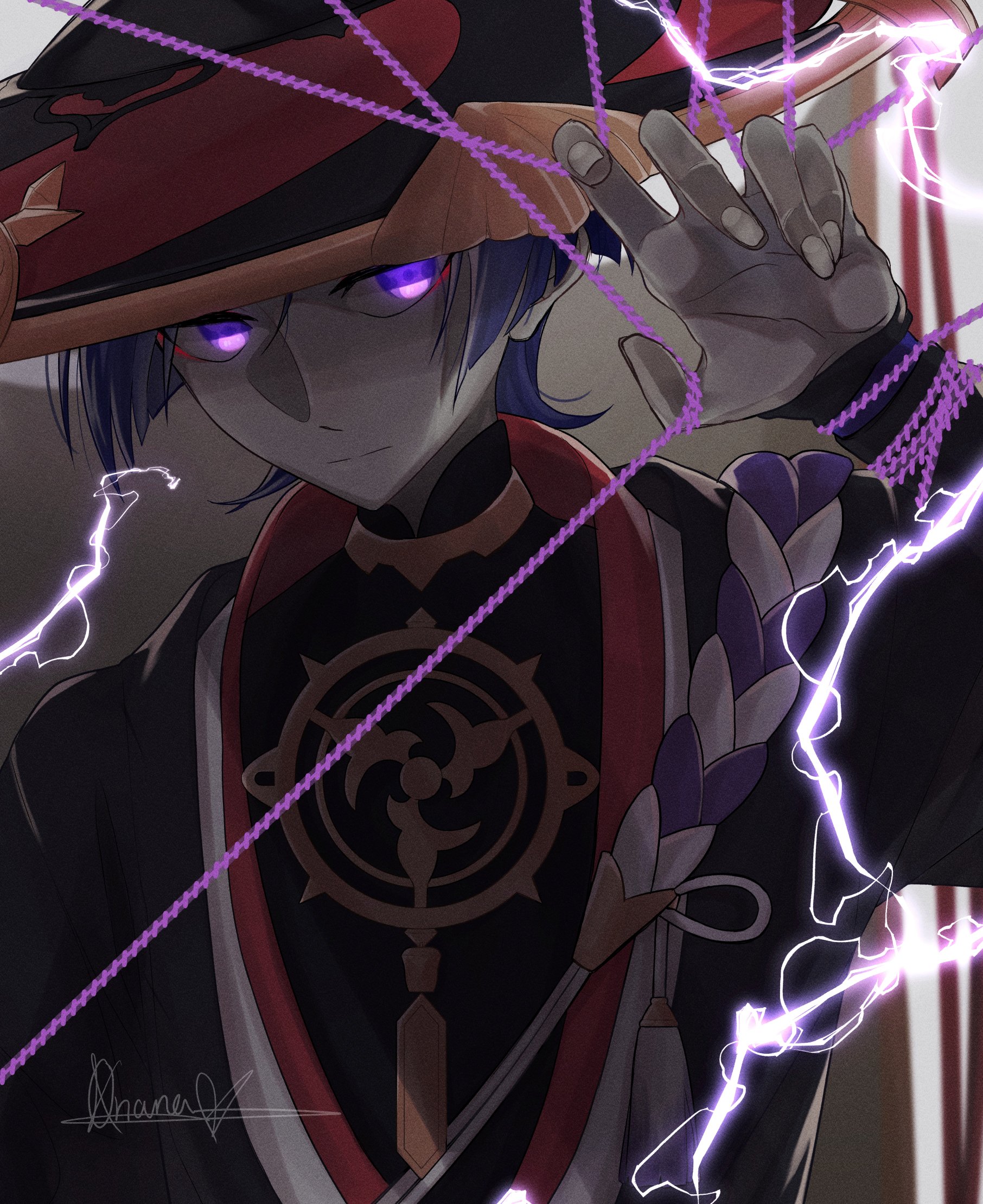 scaramouche (genshin impact), genshin impact, highres, 1boy, armor, black bodysuit, black hat, black kimono, black sleeves, blunt ends, bodysuit, closed mouth, colored skin, curled fingers, expressionless, eyeliner, eyeshadow, fingernails, glowing, glowing eyes, gold, grey skin, hand up, hat, japanese armor, japanese clothes, jewelry, jingasa, juban, kimono, kote, kurokote, looking at viewer, makeup, male focus, mandarin collar, mitsudomoe (shape), neck ring, open clothes, open kimono, oriana0w0, purple electricity, purple eyes, purple hair, purple rope, red eyeliner, red eyeshadow, red hat, red kimono, rope, rope around wrist, shimenawa, signature, solo, split mouth, tassel, tomoe (symbol), tsurime, upper body, white kimono, white rope