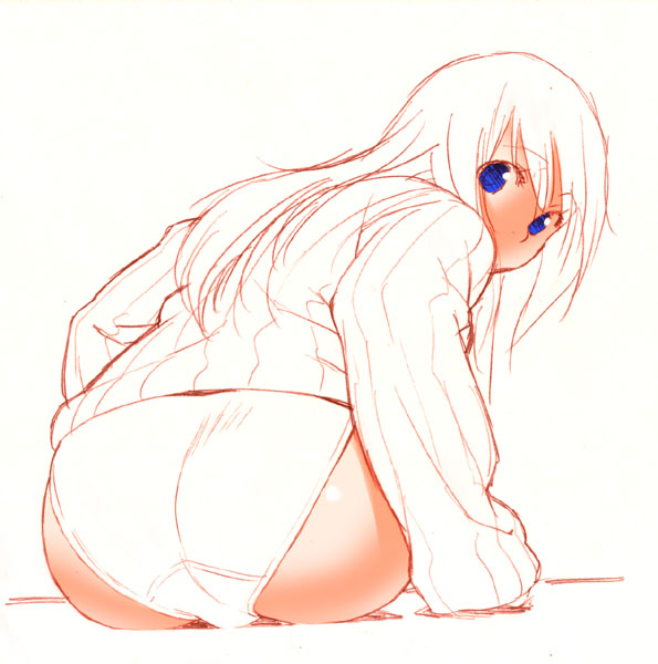 jinroku, 1girl, ass, blue eyes, female focus, from behind, long hair, looking at viewer, looking back, no pants, panties, sitting, solo, sweater, underwear, white hair, white panties