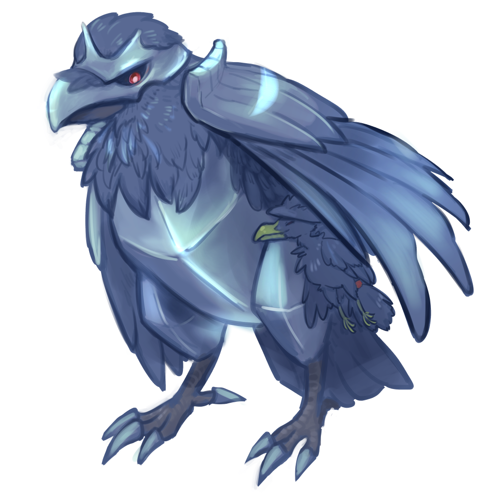 mame sparrow, corviknight, murkrow, nintendo, pokemon, bird, gen 2 pokemon, gen 8 pokemon, no humans, pokemon (creature), red eyes, standing, under wing, white background