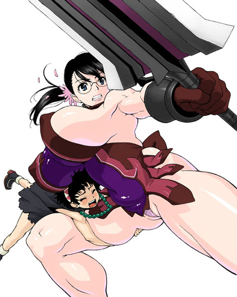 jinroku, cattleya (queen's blade), rana (queen's blade), weapon merchant cattleya, queen's blade, 00s, 1boy, 1girl, age difference, aqua eyes, black hair, breasts, cleft of venus, clenched teeth, covered erect nipples, gloves, hetero, hug, huge breasts, huge weapon, mature female, mother and son, panties, pink panties, ponytail, revealing clothes, shota, sideboob, simple background, sword, teeth, thick thighs, thighs, underwear, weapon, wedgie, white background