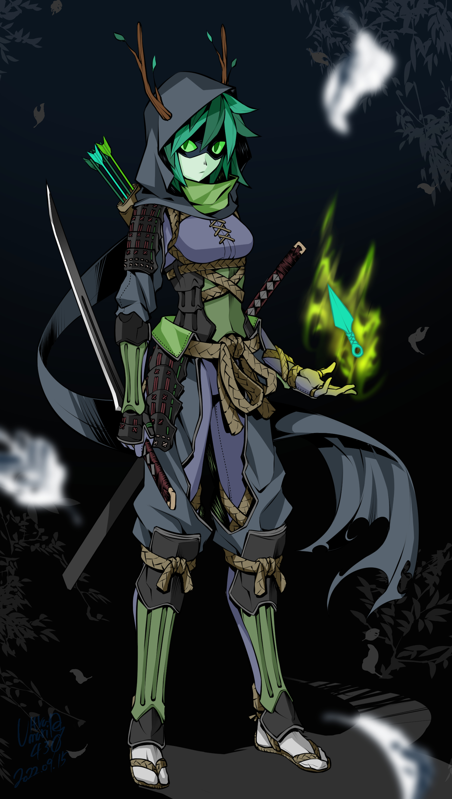 shin (ultramarine430), huntress wizard, adventure time, absurdres, commentary request, highres, 1girl, alternate costume, arrow (projectile), black mask, black scarf, branch, closed mouth, colored sclera, colored skin, domino mask, full body, gauntlets, green eyes, green sclera, green skin, holding, holding sword, holding weapon, hood, hood up, kunai, long hair, looking at viewer, mask, masked, ninja, plant hair, quiver, scarf, solo, sword, torn clothes, torn scarf, weapon