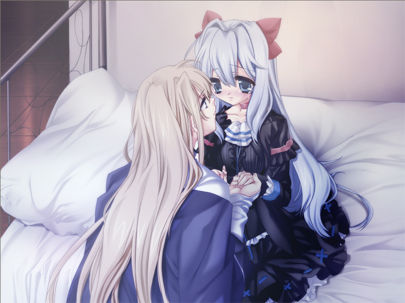 toujou sakana, ashe (under the moon), unan, under the moon, game cg, 1boy, 1girl, bed, blonde hair, blue eyes, blush, bow, choker, couple, dress, eye contact, hetero, holding hands, looking at another, ribbon, sad, tears, white hair
