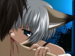 nekoneko, fuse (kin'youbi no koneko), kin'youbi no koneko, lowres, 1boy, 1girl, animal ears, biting, blood, bra strap, grey hair, vampire