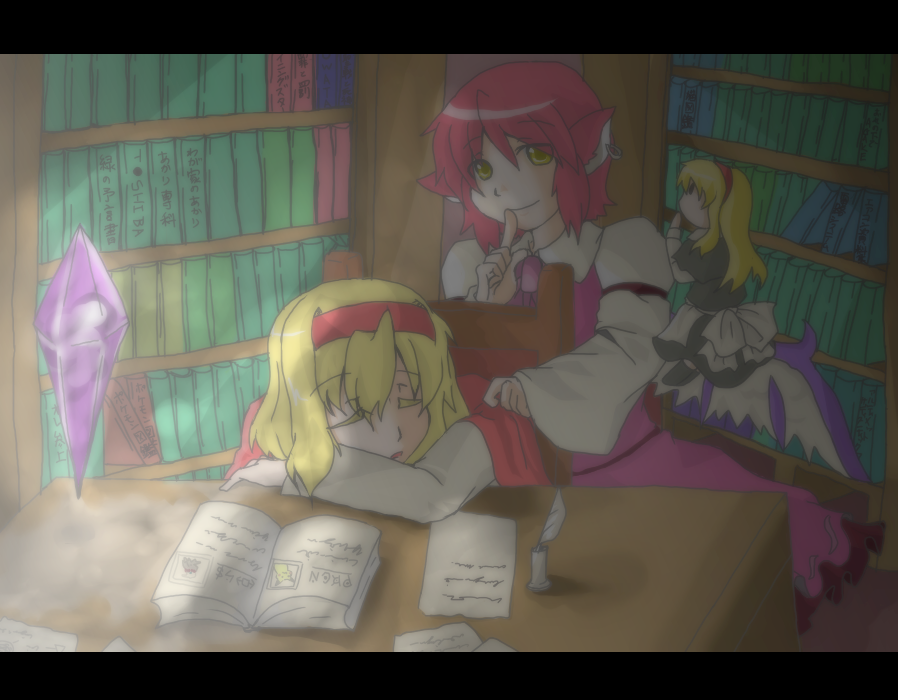 kami nimo, alice margatroid, mystia lorelei, pikachu, shanghai doll, nintendo, pokemon, touhou, 2girls, animal ears, blonde hair, book, bookshelf, cameo, crystal, earrings, female focus, gen 1 pokemon, hairband, jewelry, letterboxed, multiple girls, pokemon (creature), red hair, wings