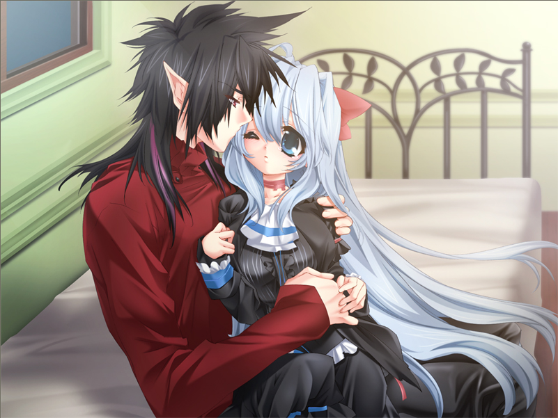 toujou sakana, ashe (under the moon), zero (under the moon), under the moon, game cg, 1boy, 1girl, bed, black hair, blue eyes, blue hair, blush, couple, dress, hetero, hug, long hair, one eye closed, pointy ears, red eyes, white hair, wink
