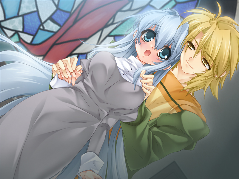 toujou sakana, ashe (under the moon), sena (under the moon), under the moon, habit, game cg, 1boy, 1girl, :o, blonde hair, blue eyes, blue hair, blush, church, couple, dutch angle, hetero, hug, long hair, nun, short hair, smile, surprised, traditional nun, white hair, yellow eyes