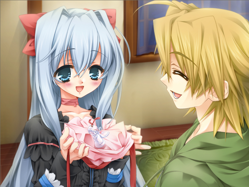 toujou sakana, ashe (under the moon), sena (under the moon), under the moon, game cg, 1boy, 1girl, angel, angel wings, blonde hair, blue eyes, blue hair, blush, choker, closed eyes, couple, happy, hetero, long hair, ribbon, smile, white hair, wings, yellow eyes