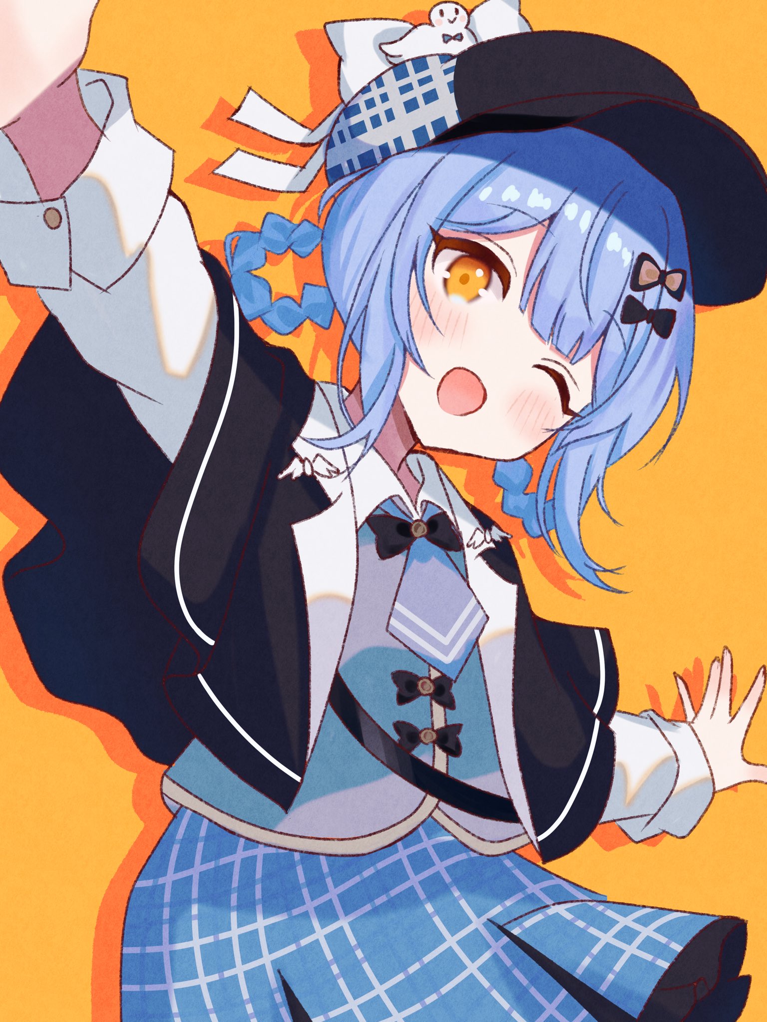 yua 666666, tachibana sherry, mahou shoujo no majo saiban, highres, 1girl, bird hat ornament, black capelet, blue hair, blue necktie, blue skirt, bow, braid, braided hair rings, capelet, deerstalker, detective, hair rings, hat, looking at viewer, magical girl, necktie, one eye closed, open mouth, orange background, orange eyes, outstretched arms, plaid clothes, plaid skirt, short hair, simple background, skirt, smile, solo, white bow