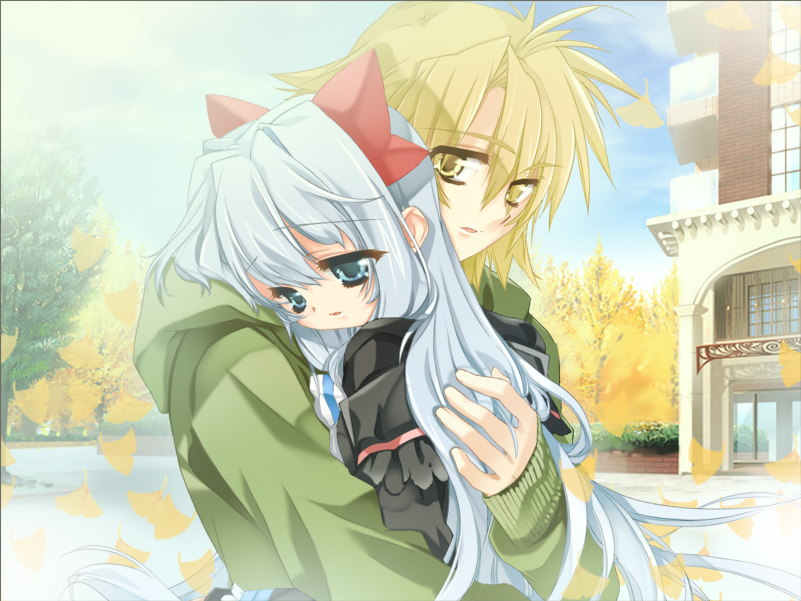 toujou sakana, ashe (under the moon), sena (under the moon), under the moon, game cg, 1boy, 1girl, blonde hair, blue eyes, blue hair, couple, dress, hetero, hug, leaf, long hair, short hair, white hair, yellow eyes