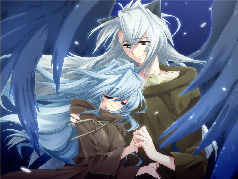 toujou sakana, ashe (under the moon), kyle (under the moon), under the moon, game cg, 1boy, 1girl, angel wings, animal ears, blue hair, cat ears, cloak, closed eyes, couple, hetero, holding hands, long hair, night, smile, white hair, wings, yellow eyes
