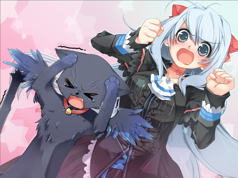 toujou sakana, ashe (under the moon), kyle (under the moon), under the moon, game cg, > <, 1girl, angel wings, angry, bell, blue eyes, blue hair, blush, cat, choker, clenched hand, clenched hands, closed eyes, collar, dress, female focus, gothic lolita, lolita fashion, neck bell, open mouth, solo, star (symbol), white hair, wings