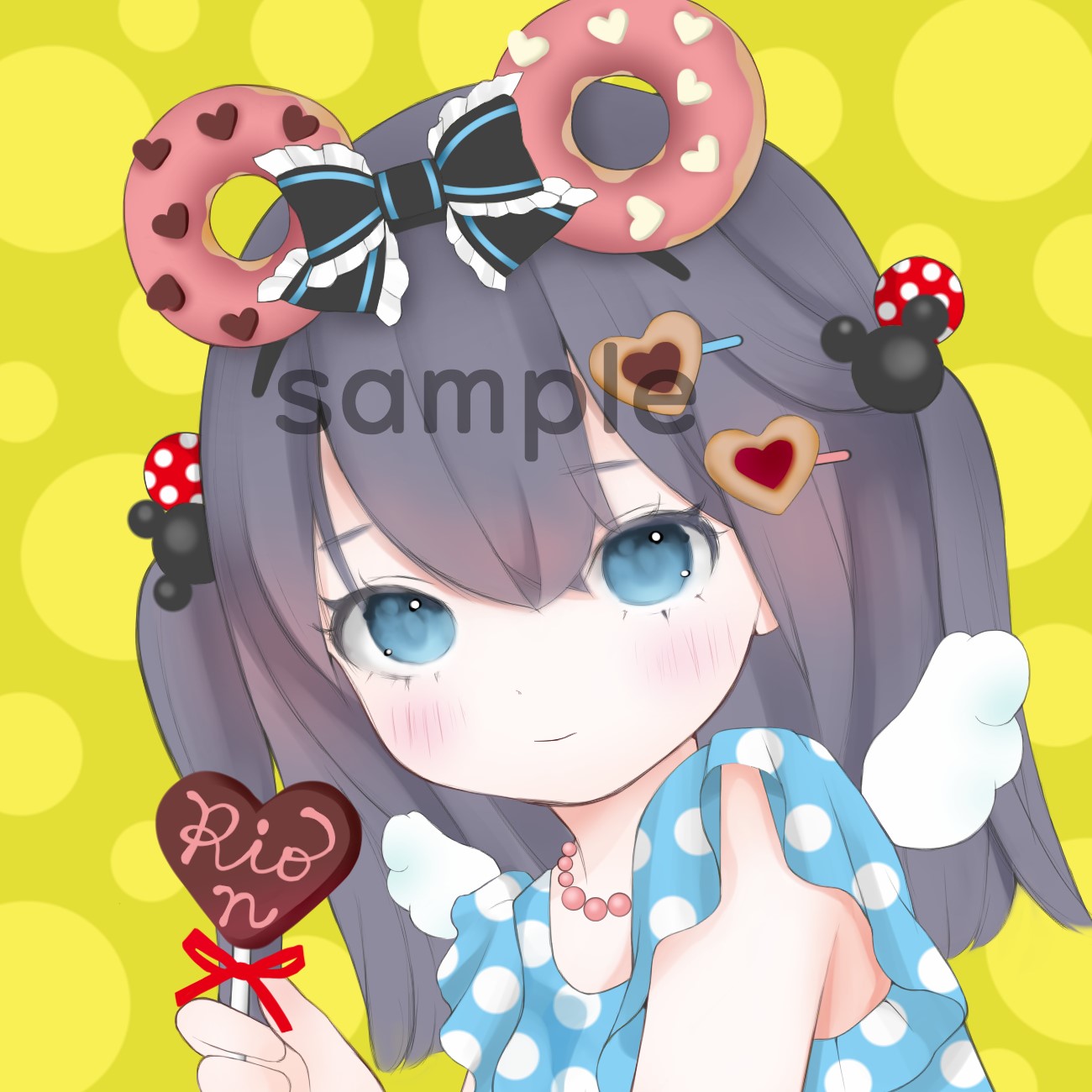 original, highres, 1girl, black hair, blue eyes, bow, donut hair ornament, fashion, food-themed hair ornament, hair ornament, heart, jewelry, mickey mouse (symbol), necklace, polka dot, polka dot shirt, rionmelon, shirt, simple background, solo, upper body, wings, yellow background