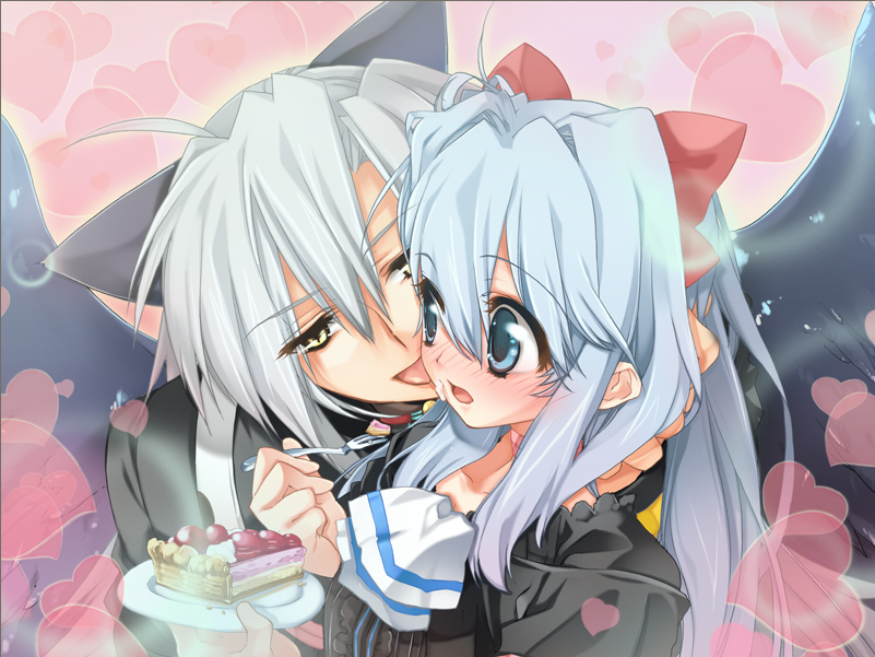 toujou sakana, ashe (under the moon), kyle (under the moon), under the moon, game cg, 1boy, 1girl, animal ears, bishounen, blue eyes, blue hair, blush, bow, cake, cat ears, couple, cream, dress, eating, food, fork, fruit, heart, hetero, licking, licking another's cheek, licking another's face, long hair, pie, ribbon, strawberry, sweets, white hair, wings, yellow eyes