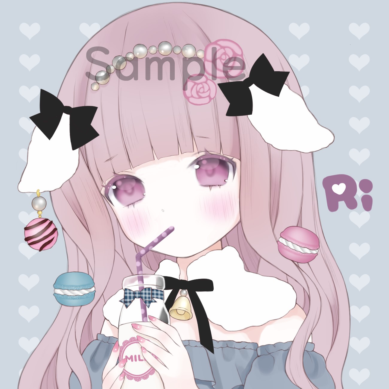 original, highres, 1girl, animal ears, bell, bow, dog ears, drinking straw, earrings, fake animal ears, fashion, flower, hair ornament, jewelry, long hair, long sleeves, looking at viewer, pink eyes, pink flower, pink hair, pink rose, rionmelon, rose, shirt, simple background, solo