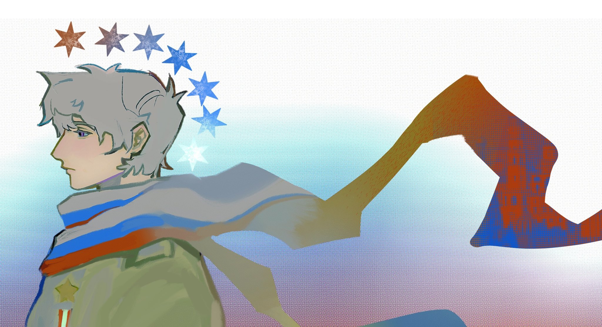 pixels (penelopejo18155), russia (hetalia), axis powers hetalia, highres, 1boy, blue background, closed mouth, coat, colorful background, floating clothes, green coat, grey hair, hair between eyes, half-closed eyes, looking to the side, male focus, medal, purple background, purple eyes, russian flag print, scarf, short hair, solo, star (symbol), star ornament, upper body, white background