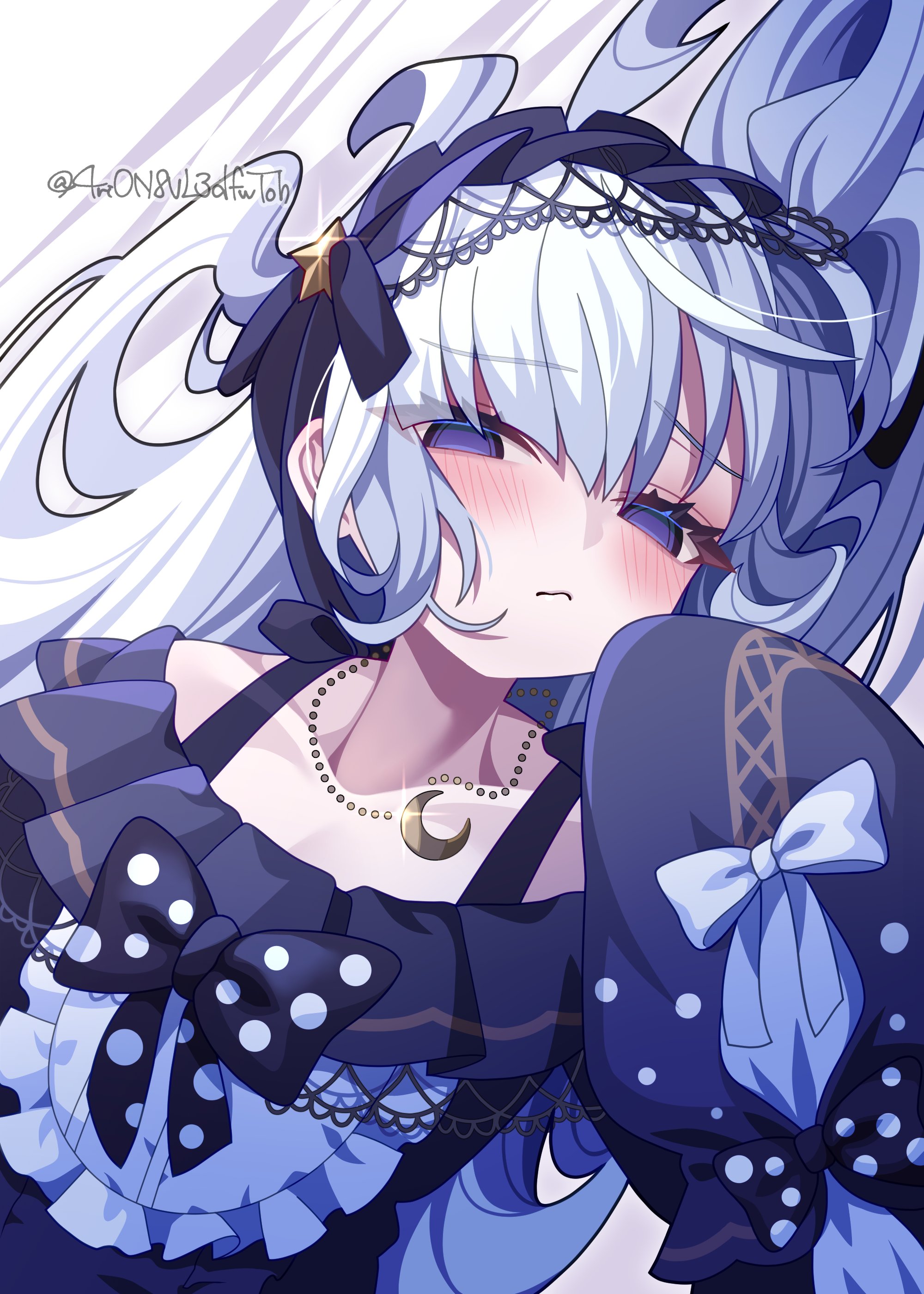 4rion, natsume an-an, mahou shoujo no majo saiban, absurdres, highres, 1girl, blush, bow, crescent, crescent necklace, dress, empty eyes, frilled dress, frills, gothic lolita, hairband, half-closed eyes, jewelry, lolita fashion, lolita hairband, long hair, looking at viewer, lying, magical girl, necklace, polka dot, polka dot bow, purple dress, purple eyes, purple hairband, simple background, sleeves past fingers, sleeves past wrists, solo, tied sleeves, twitter username, very long hair, white background, white hair