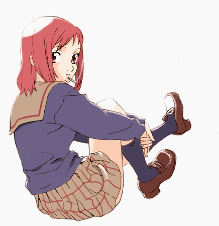 jinroku, samejima mamimi, flcl, black legwear, lowres, 00s, 1girl, brown eyes, brown shoes, cigarette, female focus, food, full body, looking back, own hands together, plaid clothes, plaid skirt, red hair, school uniform, shoes, short hair, simple background, skirt, smoking, solo, white background