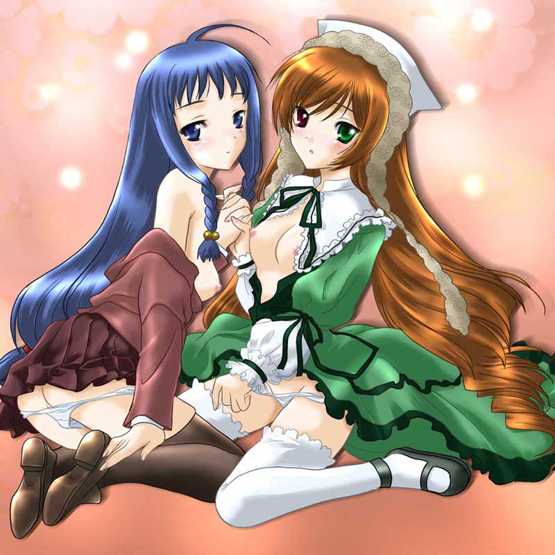 kinmedai pink, ayase yue, kuwatani natsuko, suiseiseki, mahou sensei negima!, rozen maiden, 00s, 2girls, ahoge, blue eyes, blue hair, blush, braid, brown hair, crossover, dress, flat chest, frills, hat, headscarf, heterochromia, holding hands, kneeling, long hair, multiple girls, no bra, open clothes, open shirt, panties, panty pull, ribbon, shirt, thighhighs, twin braids, underwear, very long hair, voice actor connection, white headscarf, white panties, yuri