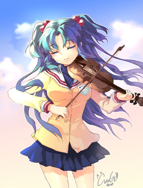 cuteg, ichinose kotomi, clannad, bad id, bad pixiv id, 00s, 1girl, blue hair, closed eyes, female focus, hair bobbles, hair ornament, instrument, long hair, solo, two side up, violin
