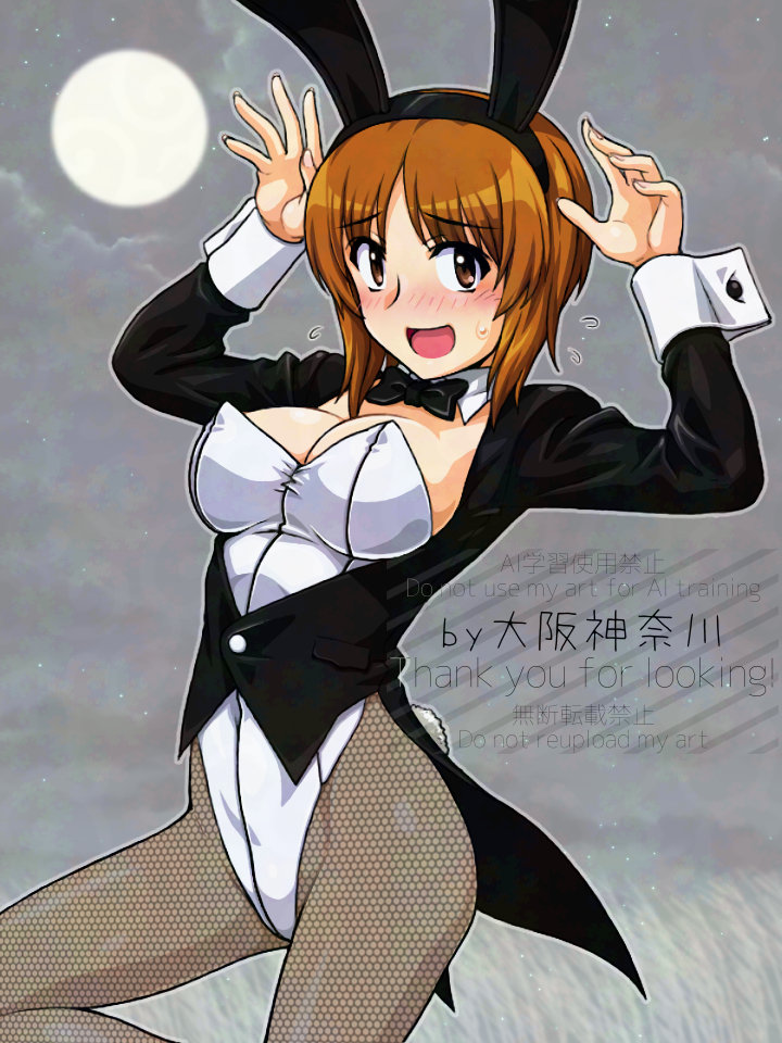oosaka kanagawa, nishizumi miho, girls und panzer, commentary request, 1girl, animal ear hairband, animal ears, artist name, black bow, black bowtie, black jacket, bow, bowtie, breasts, brown eyes, brown hair, cowboy shot, detached collar, fake animal ears, feet out of frame, fishnet pantyhose, fishnets, full moon, hairband, highleg, highleg leotard, jacket, leotard, medium breasts, moon, pantyhose, playboy bunny, rabbit ears, rabbit pose, rabbit tail, short hair, solo, strapless, strapless leotard, swallowtail jacket, tail, white leotard, wrist cuffs