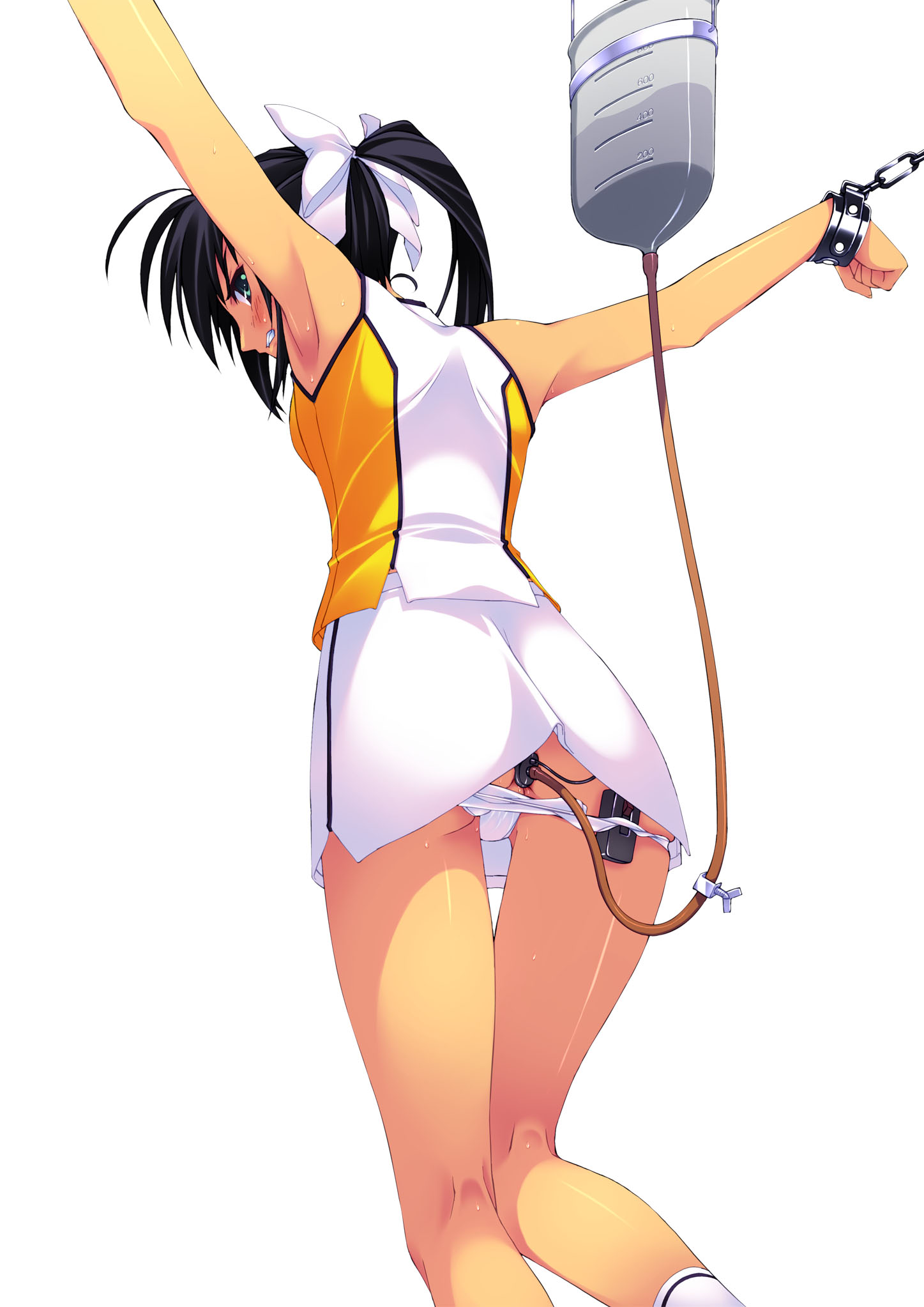 murakami suigun, f-ism, original, highres, photoshop (medium), 1girl, anal, anal object insertion, angry, anus only, armpits, bare arms, bare shoulders, bdsm, black hair, blush, bondage, bound, breasts, butt plug, chain, chained, cheerleader, clenched teeth, cuffs, enema, feet out of frame, female focus, from behind, green eyes, kneepits, long hair, looking at viewer, looking back, medium breasts, miniskirt, object insertion, outstretched arms, panties, panty pull, ponytail, profile, ribbon, sex toy, sideways mouth, simple background, skirt, sleeveless, socks, solo, spread arms, sweat, teeth, thighs, tube, underwear, upskirt, vibrator, white background, white panties, white skirt, white socks